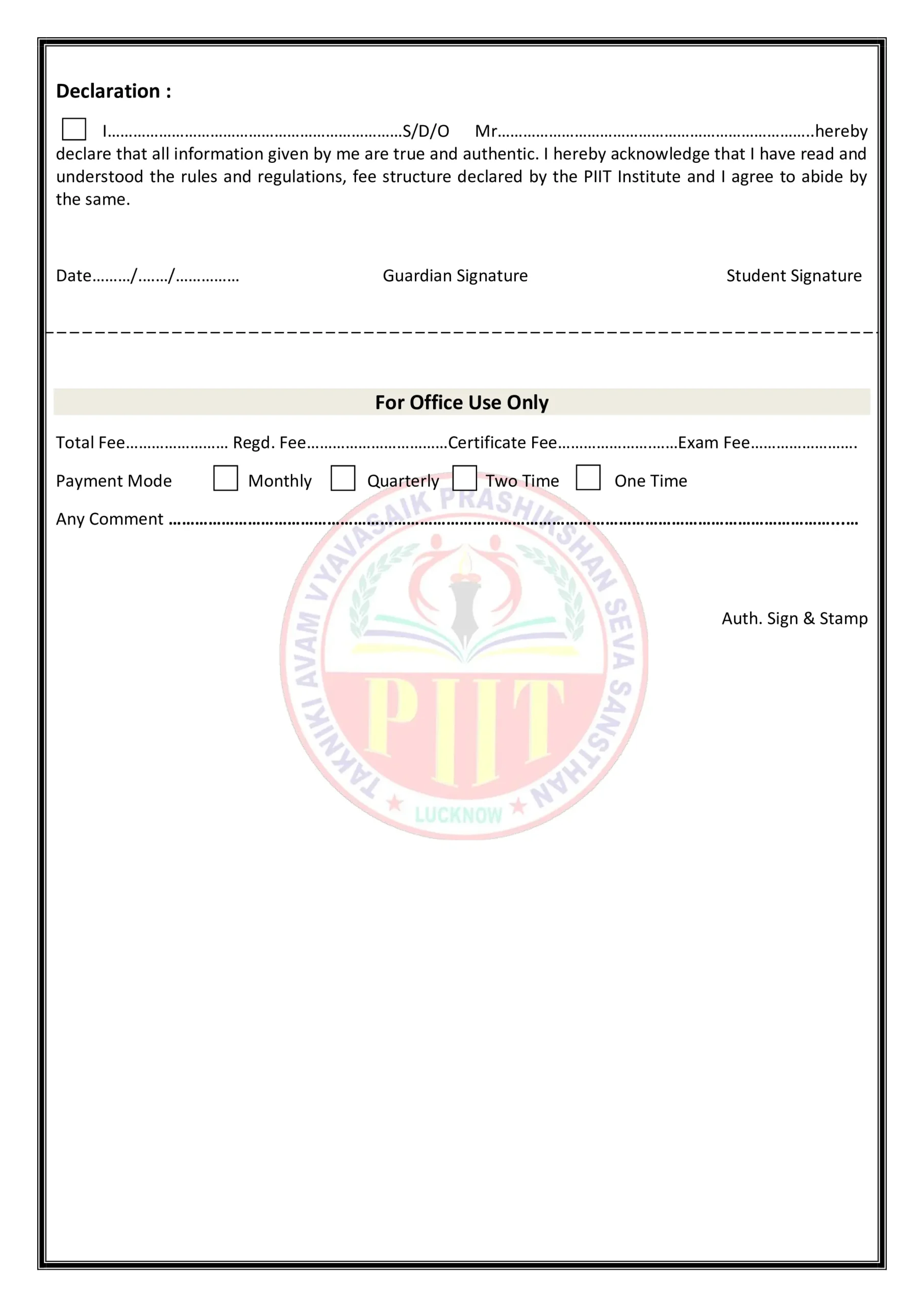 Admission Form Back