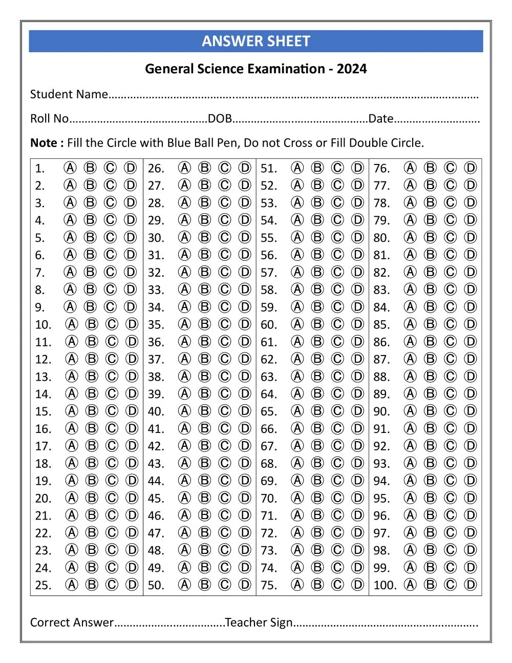 Circle Letter Answer Sheet in Microsoft Word