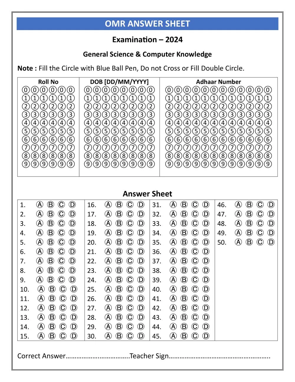 OMR Answer Sheet in MS Word