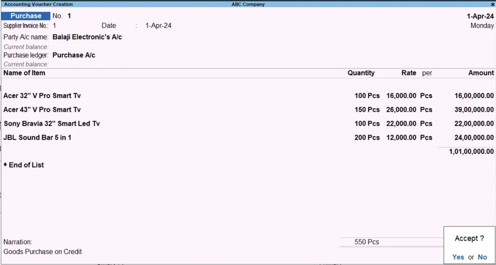 Godown in Tally Prime : Goods Purchase