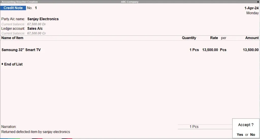 Sales Return : Debit and Credit Note Voucher