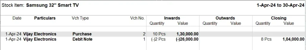 Stock Summary : Debit and Credit Note Voucher