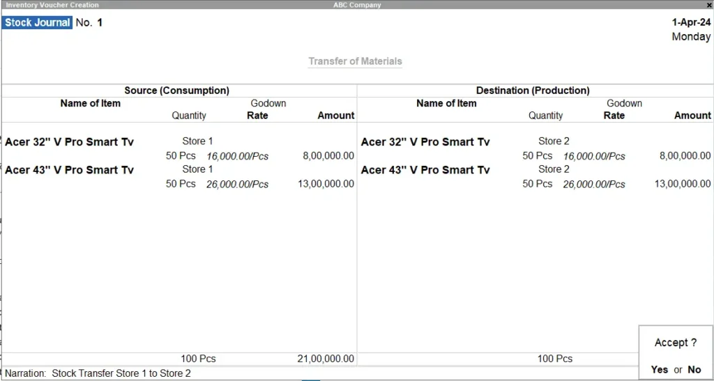 Godown in Tally Prime : Stock Transfer
