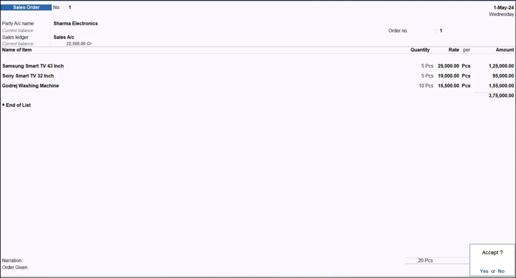 Sales Order in Tally Prime