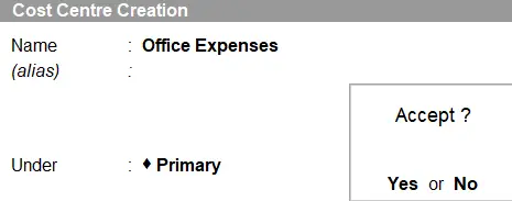 Cost Center and Cost Category in Tally : Cost Center Creation