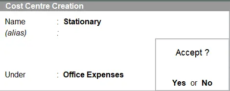 Cost Center and Cost Category in Tally : Sub Cost Center Creation
